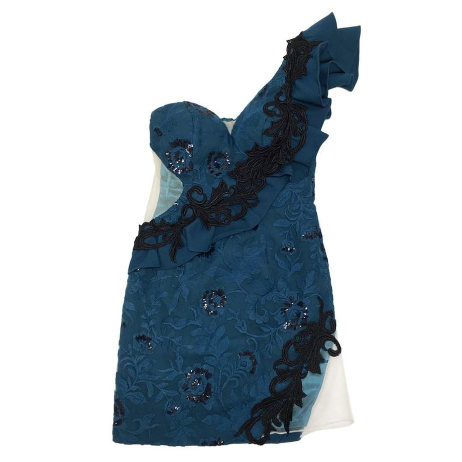 ROBE de FLEURS Glossy アシンメトリー×フリルデザインタイトミニドレス