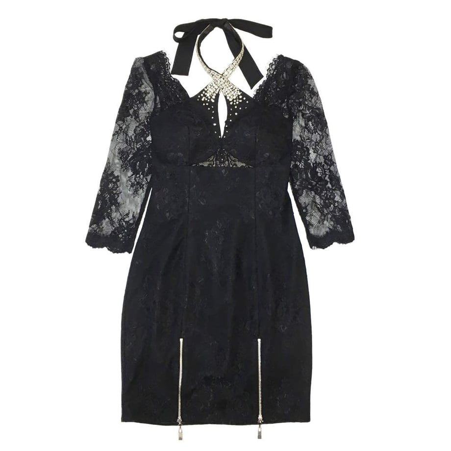 ROBE de FLEURS ホルターネックｘレーススリーブタイトミニキャバドレス