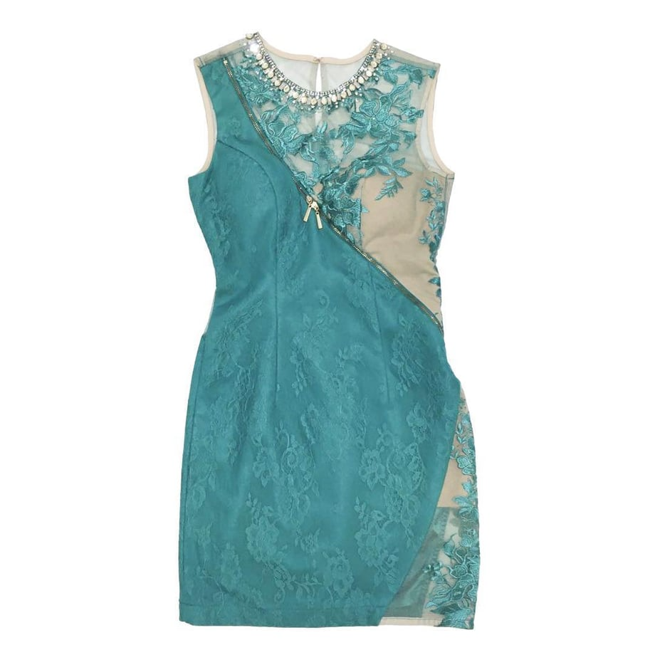 ROBE de FLEURS Glossy フロントジッパーｘシースルーレースタイトミニキャバドレス