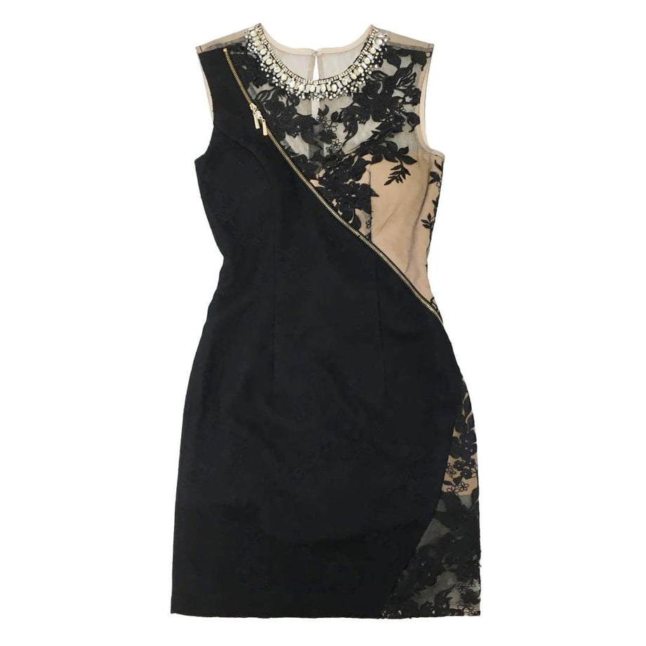 ROBE de FLEURS Glossy フロントジッパーｘシースルーレースタイトミニキャバドレス