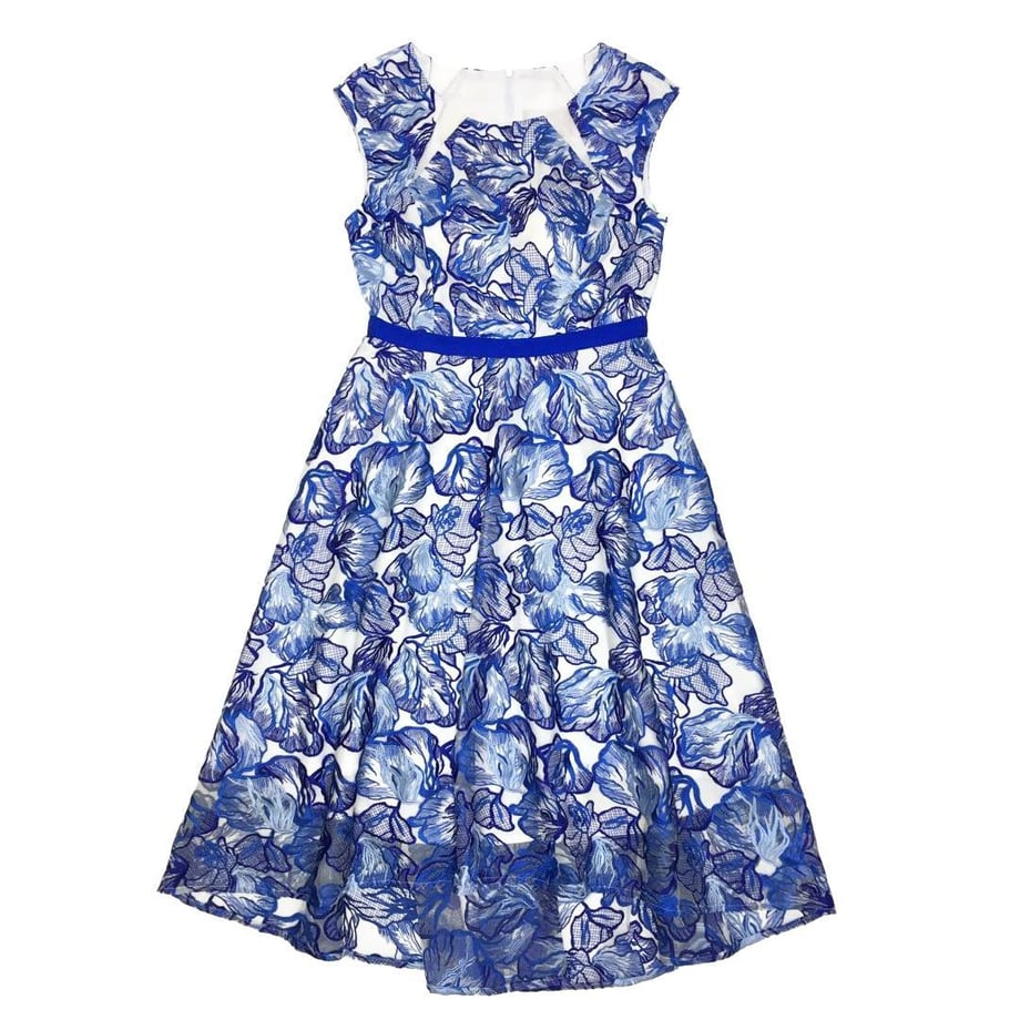GINZA COUTURE フラワーレース ミディアムワンピースドレス ブルー