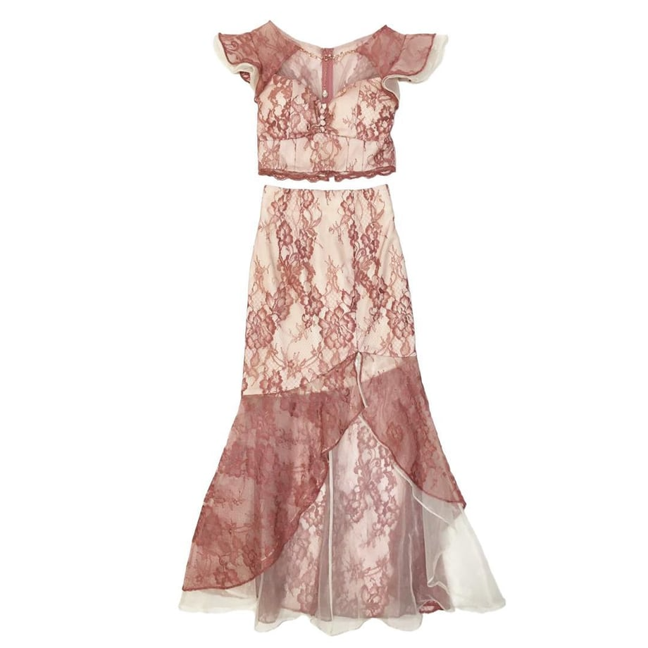 ROBE de FLEURS レース×オーガンジーバストチャームセットアップロングキャバドレス