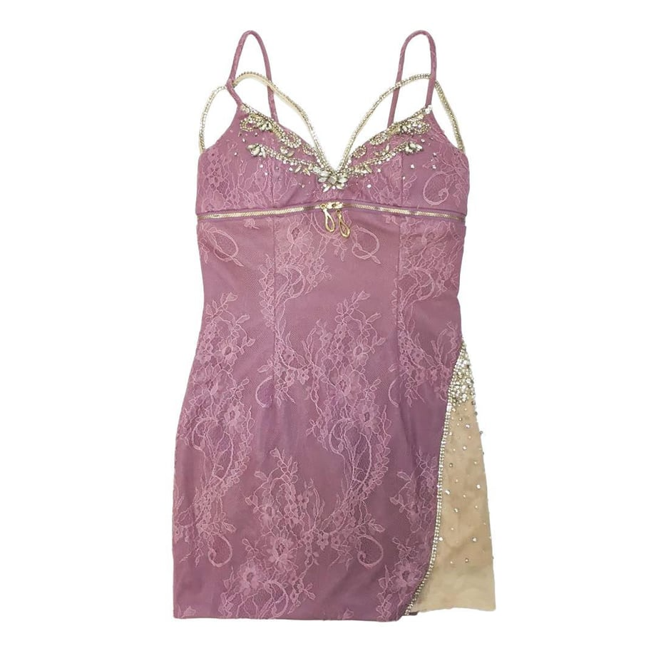 ROBE de FLEURS Glossy ジッパー×片サイドビジューチュール切替タイトミニキャバドレス