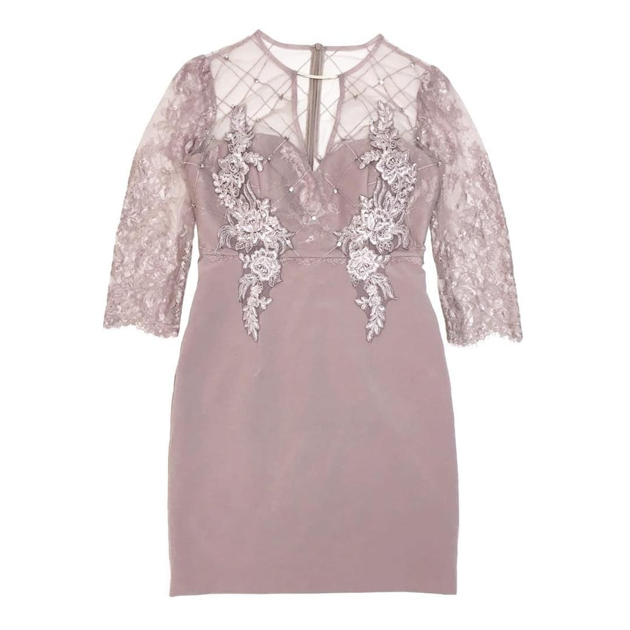 ROBE de FLEURS Glossy レースブロックチュールｘロングスリーブタイトミニドレス