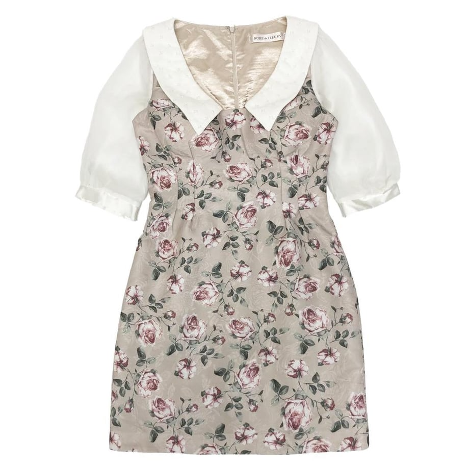ROBE de FLEURS ビーズ襟ｘローズジャガード台形ミニキャバドレス