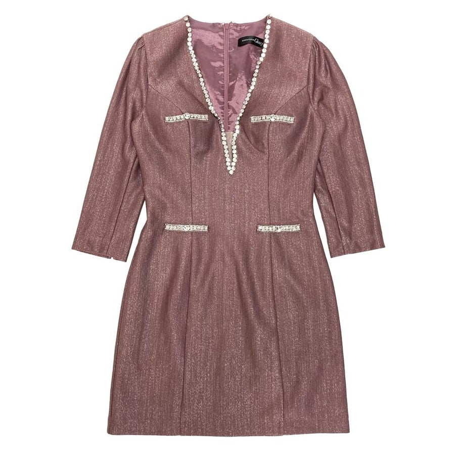 ROBE de FLEURS Glossy Vネックロングスリーブラメニットタイトミニキャバドレス