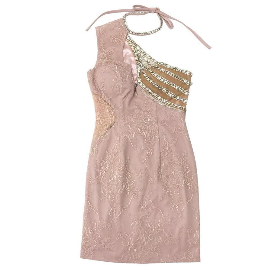 ROBE de FLEURS Glossy アシンメトリービジューｘジッパーストレッチタイトキャバドレス